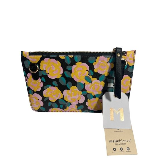 Melie Bianco Los Angeles Vegan Floral Black Zip Wristlet NEW - Picture 2 of 9